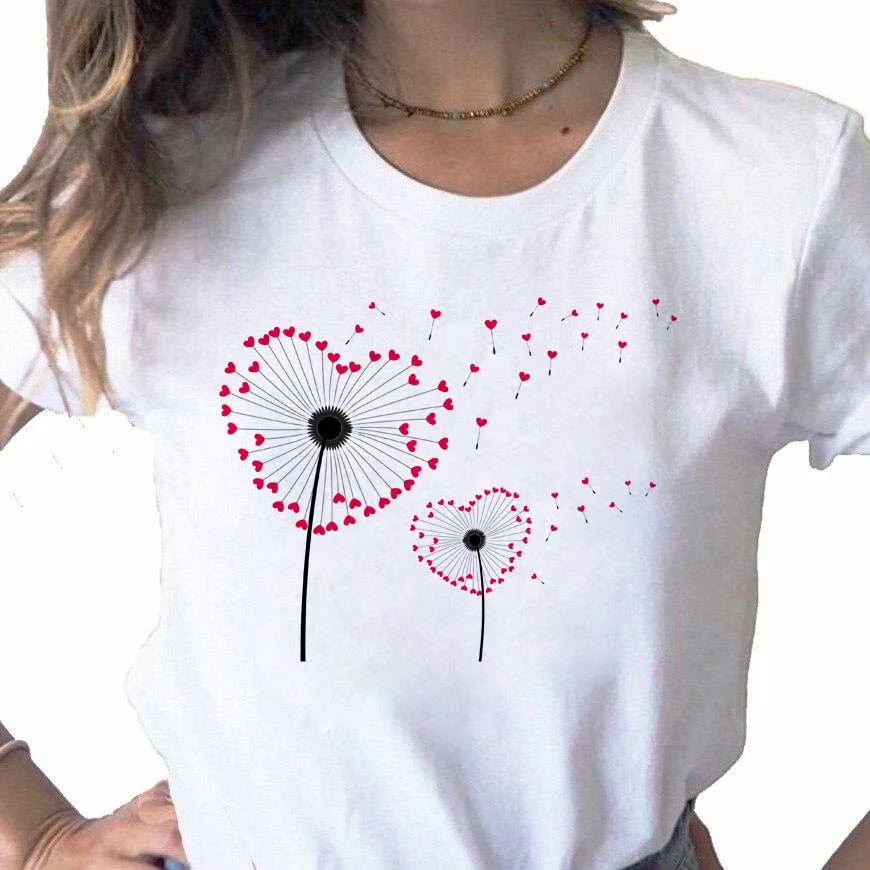 Neue Löwenzahn gedruckt Frauen T-Shirt Cartoon Grafik gedruckt schwarz Damen T-Shirt lässig Frau Shirt lustige T-Shirts