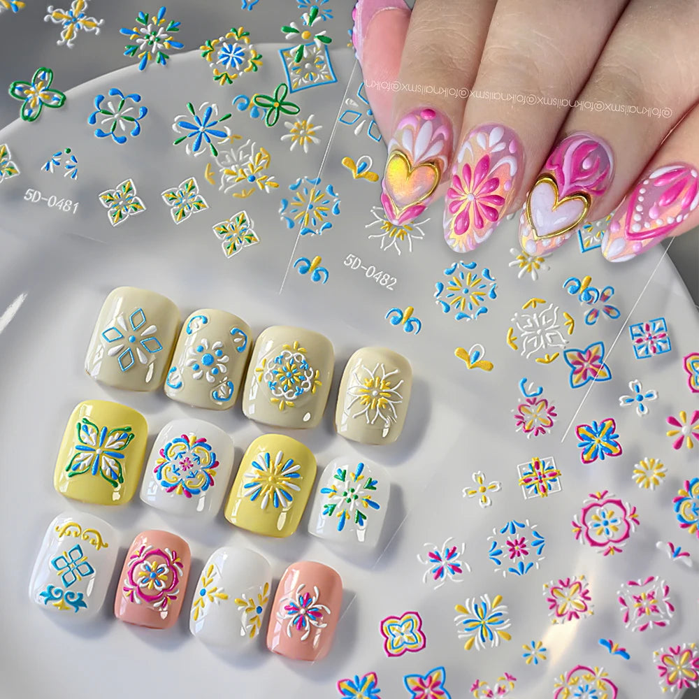 1 Stück 5D Relief Bohemian Nail Art Aufkleber, schicke Blüten elegante Stickerei Totem Boho Design Nagelzubehör Dekoration Zubehör