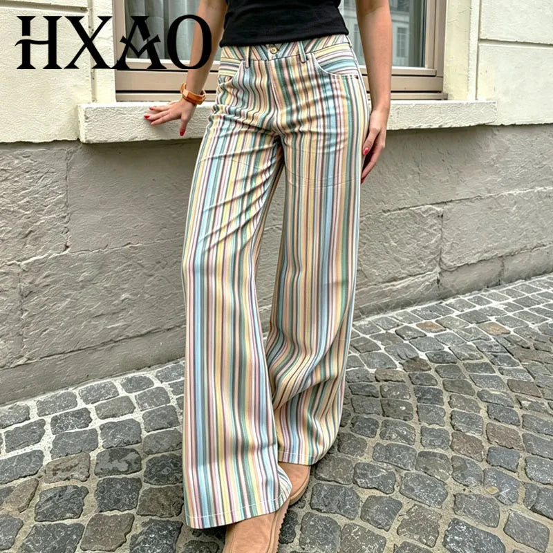 HXAO Gestreifte Damenjeans, Low-Landing Baggy Jeans, Weites Bein, Gerade Denim-Hose, Lässige Streetwear, Low-Rise Hose