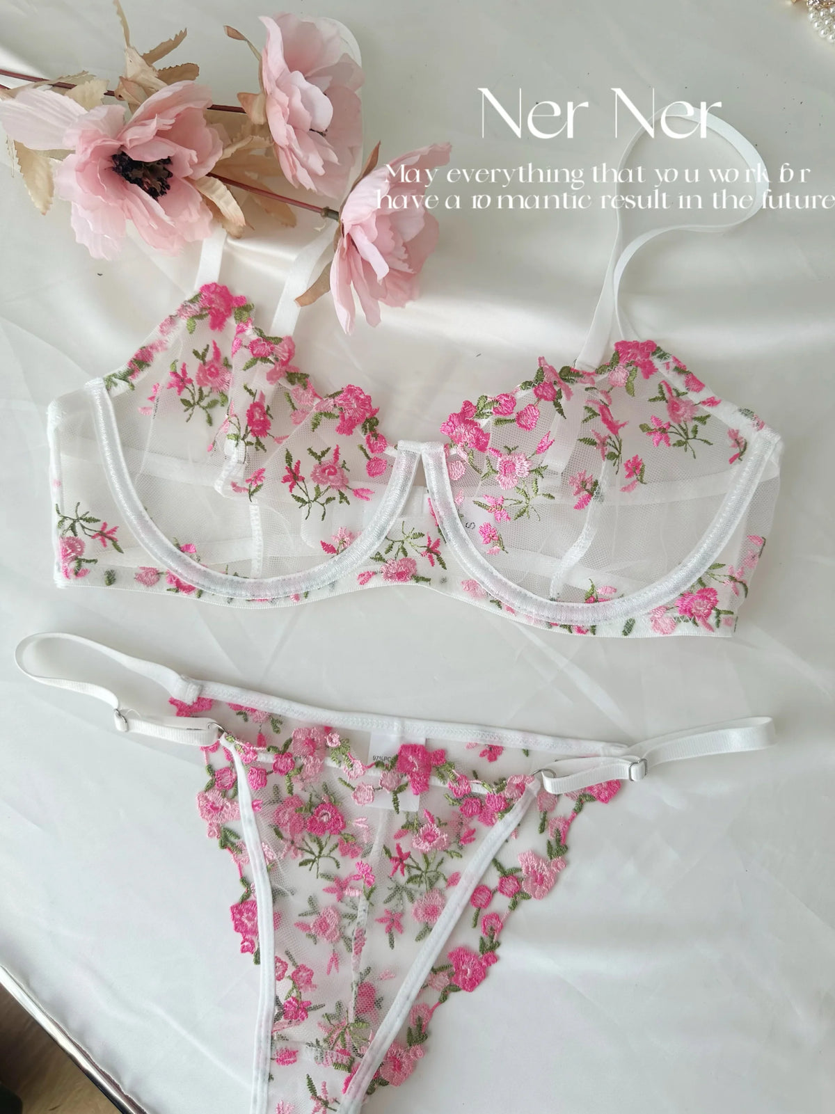 Kawaii japanisches Dessous-Set aus transparentem Tüll, rosa Blumenstickerei-BH, Bralette, reines passendes Set, BANERDANNI Tushy-BHs