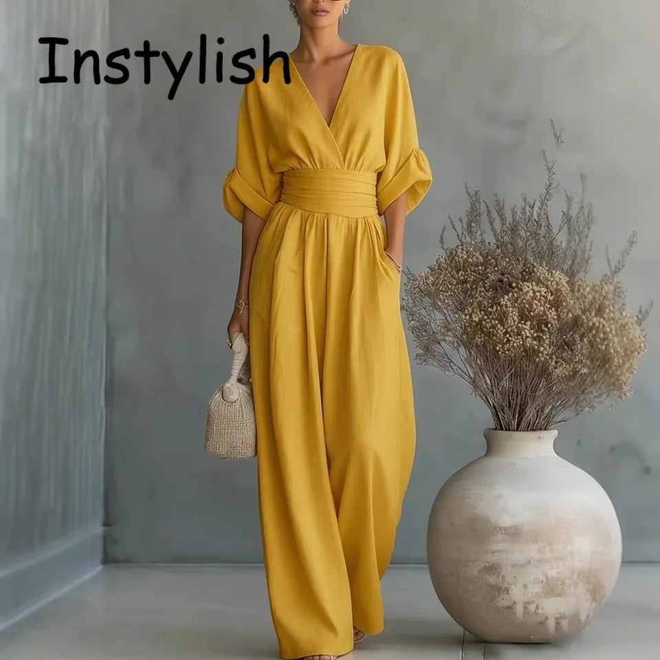 Elegante Damen-Jumpsuits mit hoher Taille, Sommer-Kurzarm-Overalls mit weitem Bein, lässige V-Ausschnitt-Jumpsuits in Unifarben, lockere Streetwear