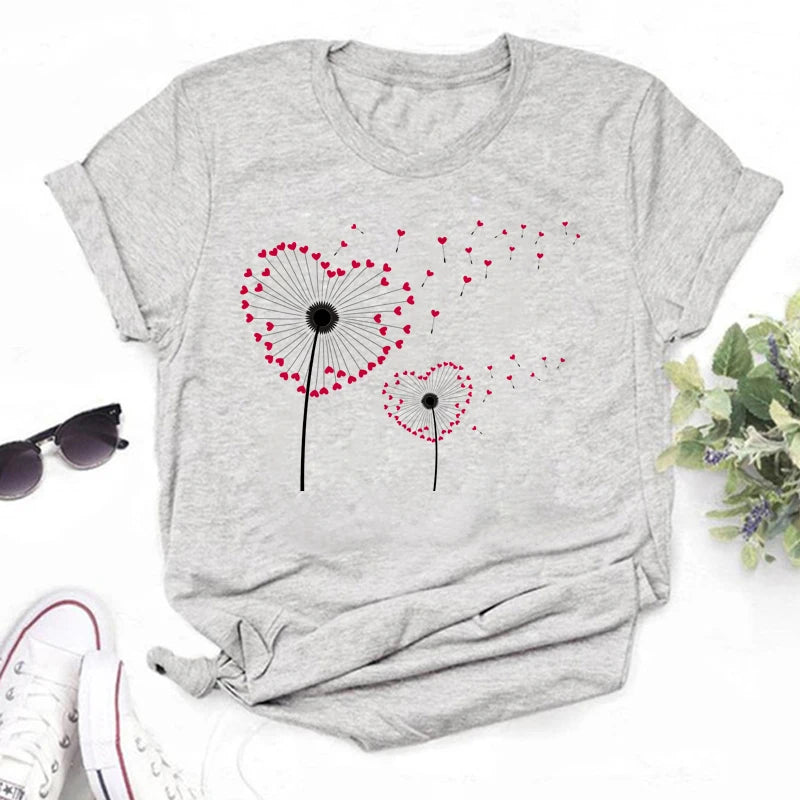 Neue Löwenzahn gedruckt Frauen T-Shirt Cartoon Grafik gedruckt schwarz Damen T-Shirt lässig Frau Shirt lustige T-Shirts