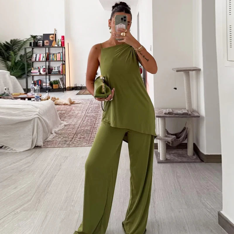 HXAO Grüne Hosen-Sets für Damen, zweiteiliges Set, gerüschtes, asymmetrisches Slip-Top, Anzug-Outfit, schickes, drapiertes Hosen-Set mit hoher Taille und weitem Bein