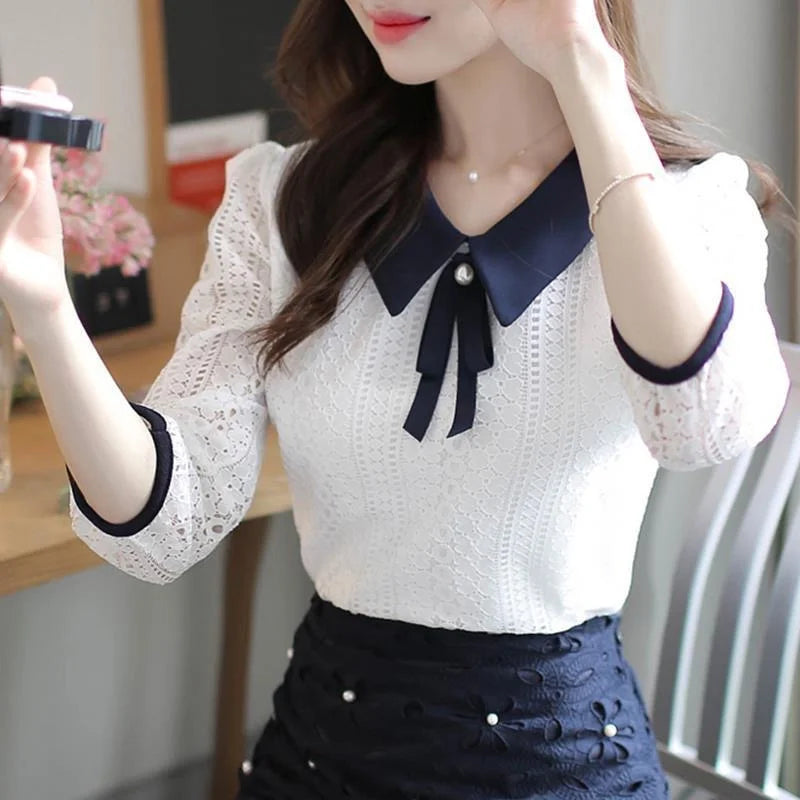Frauen Frühling Herbst Stil Spitze Blusen Hemd Frauen Peter Pan Kragen Einfarbig Halbe Hülse Elegante Spitze Tops SP8676