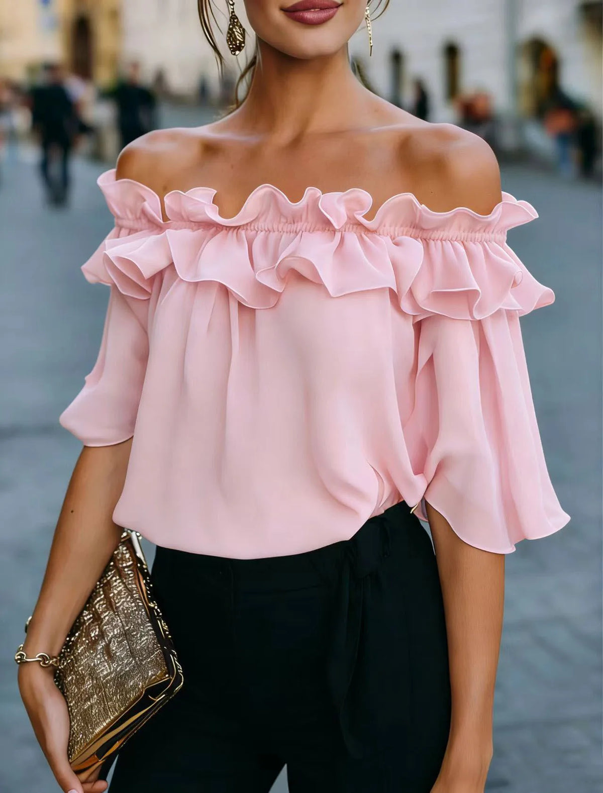 Schulterfreies Rüschenoberteil für Damen, lockere Passform, kurzärmelige Bluse, lässiges Sommerhemd, trendige Mode