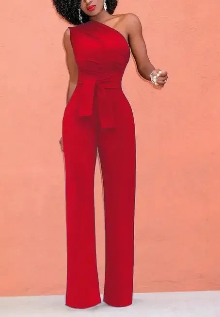 Damen-Overall, einfarbig, Skew-Kragen, bauchfreies Top, gerade Hosen, Gürtel, sexy, ärmellos, lockere Hosen, elegante, charmante Playsuits 2024