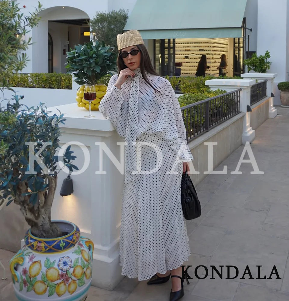 KONDALA Damen-Set, trendiges Polka-Dot-Rock-Set, Schleife, durchsichtige Fliege, Hemden, langer Rock, modisch, 2026, Frühling, Sommer, Urlaub, Damen-Set