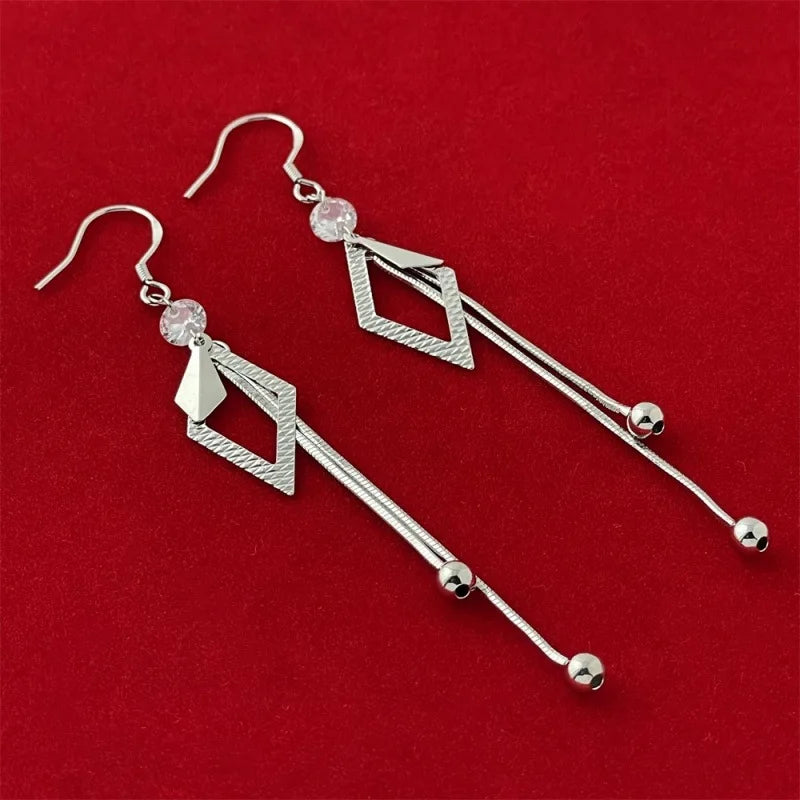 925 Sterling Silber Modische Rhombus-Ohrringe mit Fransen, Geburtstagsgeschenk, Jubiläumsgeschenk, Alltagsaccessoire