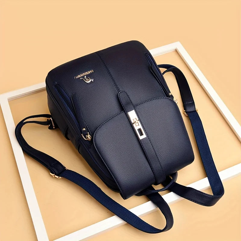 Eleganter weinroter Lederrucksack für Damen, diebstahlsicherer Tagesrucksack mit mehreren Taschen und Logo, stilvolle Reise- und Alltags-Umhängetasche