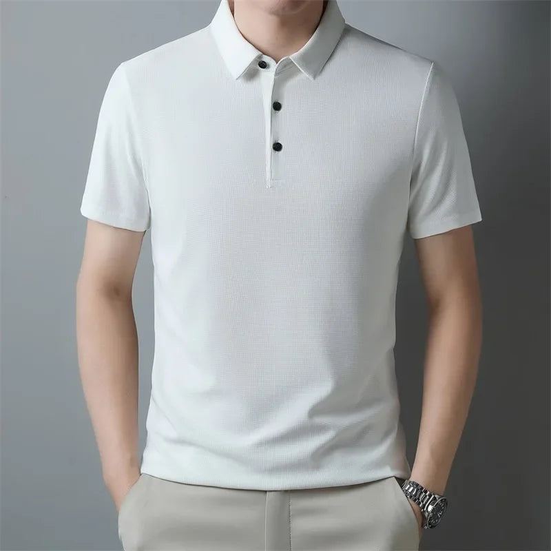 Neues lässiges Waffel-Kurzarm-Poloshirt für Herren, modisches einfarbiges Oberteil