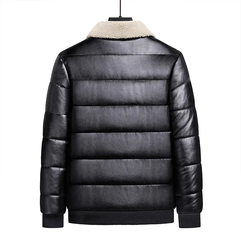 Lammfellkragen, verdickte, mit Fleece gefütterte Baumwolljacke, Business-Casual-Ledermantel für Herren, Winter, warm, stilvoll, Herren-Oberbekleidung