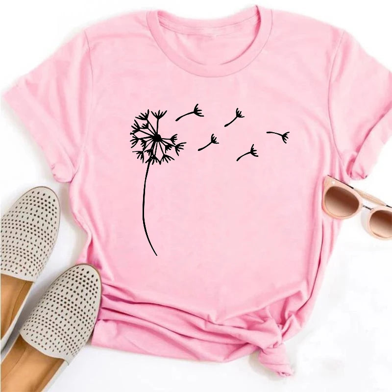 Neue Löwenzahn gedruckt Frauen T-Shirt Cartoon Grafik gedruckt schwarz Damen T-Shirt lässig Frau Shirt lustige T-Shirts