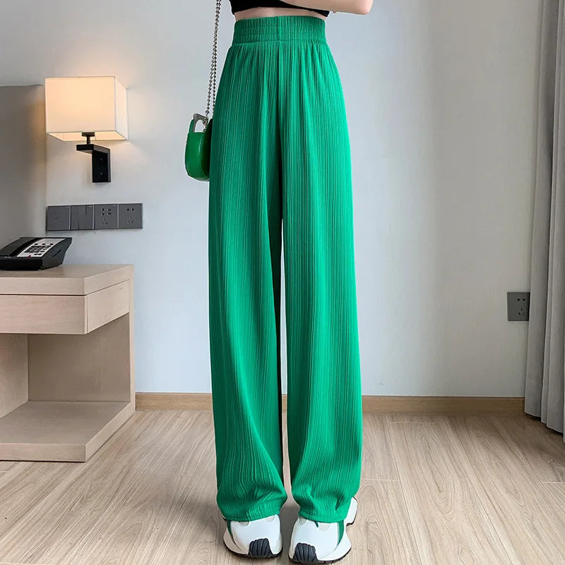 2025 Korea Dongdaemun Eis Seide Breite bein Hosen frauen Dünne Abnehmen Boden Hosen Weiß Gestreiften Hosen Y2K Mode hosen Baggy