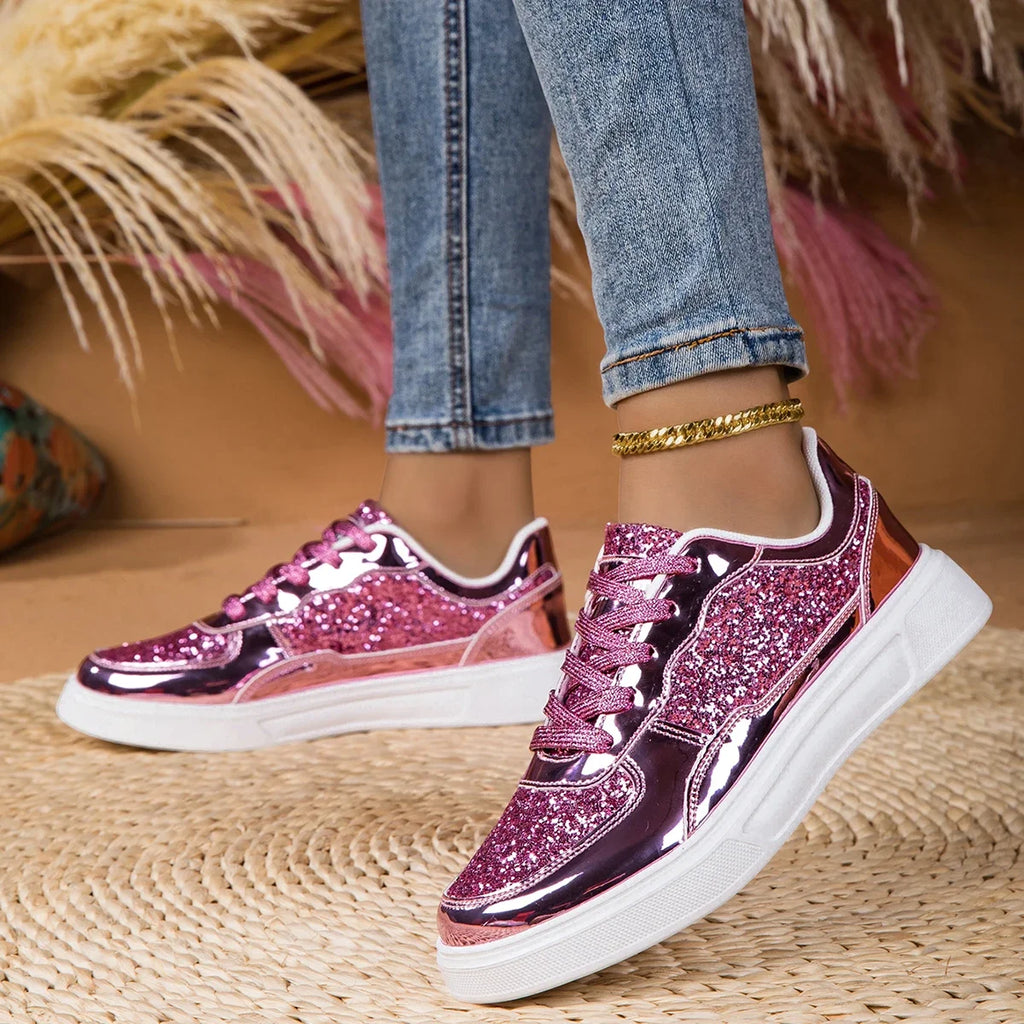 DJSUNNYMIX Modische Sneakers für Damen Trendige Plateau-Schnürschuhe mit Strass Lässige Designer-Schuhe Glänzende Damenschuhe