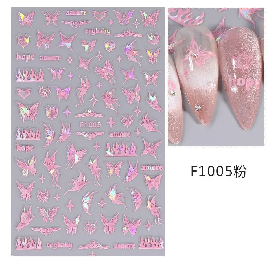 1PCS Schwarz Weiß Schmetterling Laser Nagel Aufkleber Y2K Nail art Dekoration Abstrakte Linien Bronzing Blumen Aufkleber Für Nägel