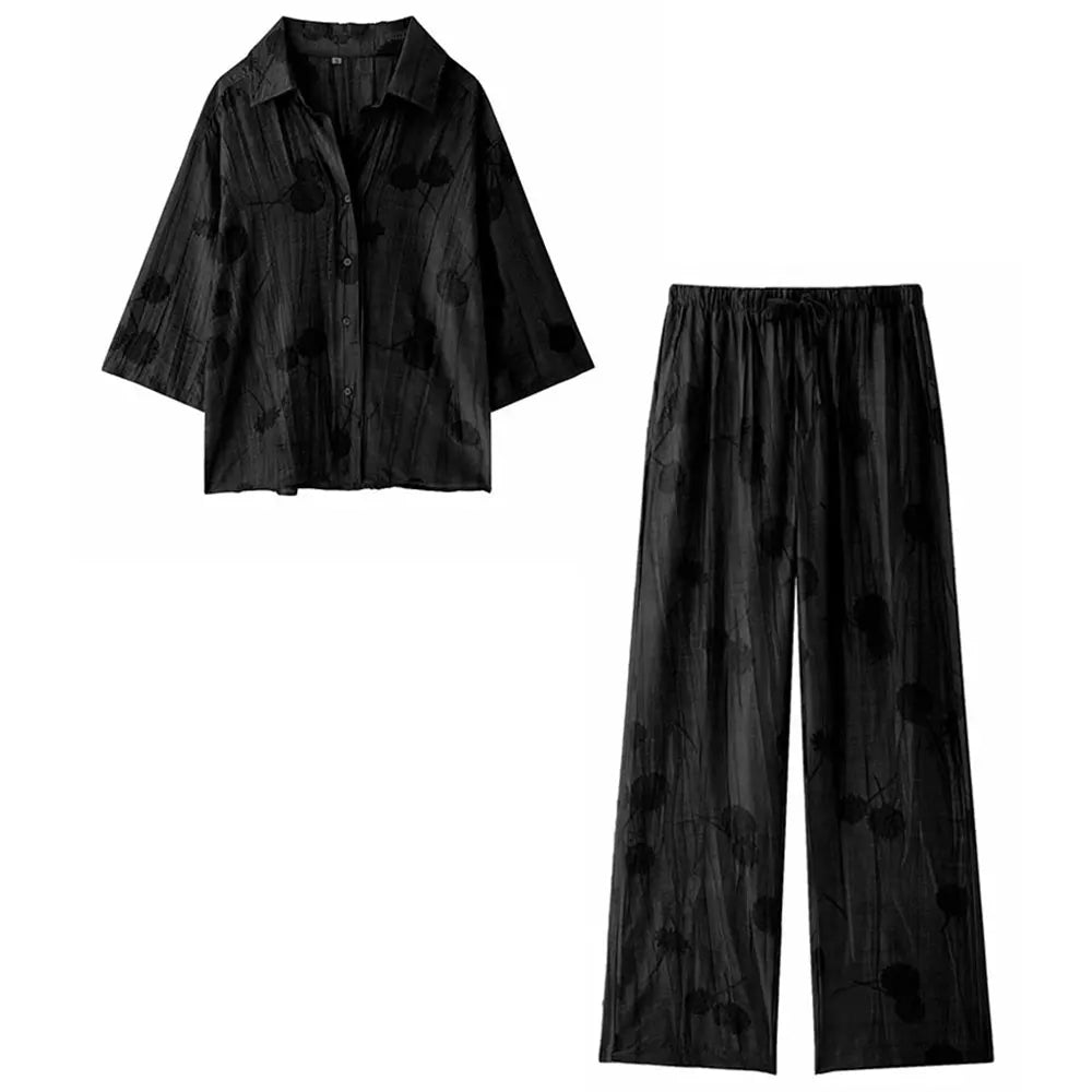 HH Frauen Elegante Jacquard Bluse Hose Sets Casual Langarm Hemd Breite Bein Hosen 2024 Weibliche Mode Streetwear Anzug