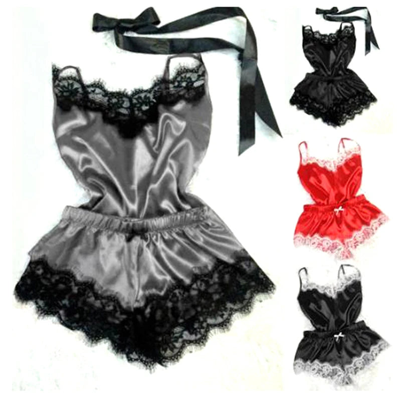 Mode Nachtwäsche Spitzen besatz Satin Cami Top Pyjama Sets sexy heiße erotische Home Wear Frauen Pyjamas Frauen Nachtwäsche ärmellosen Riemen