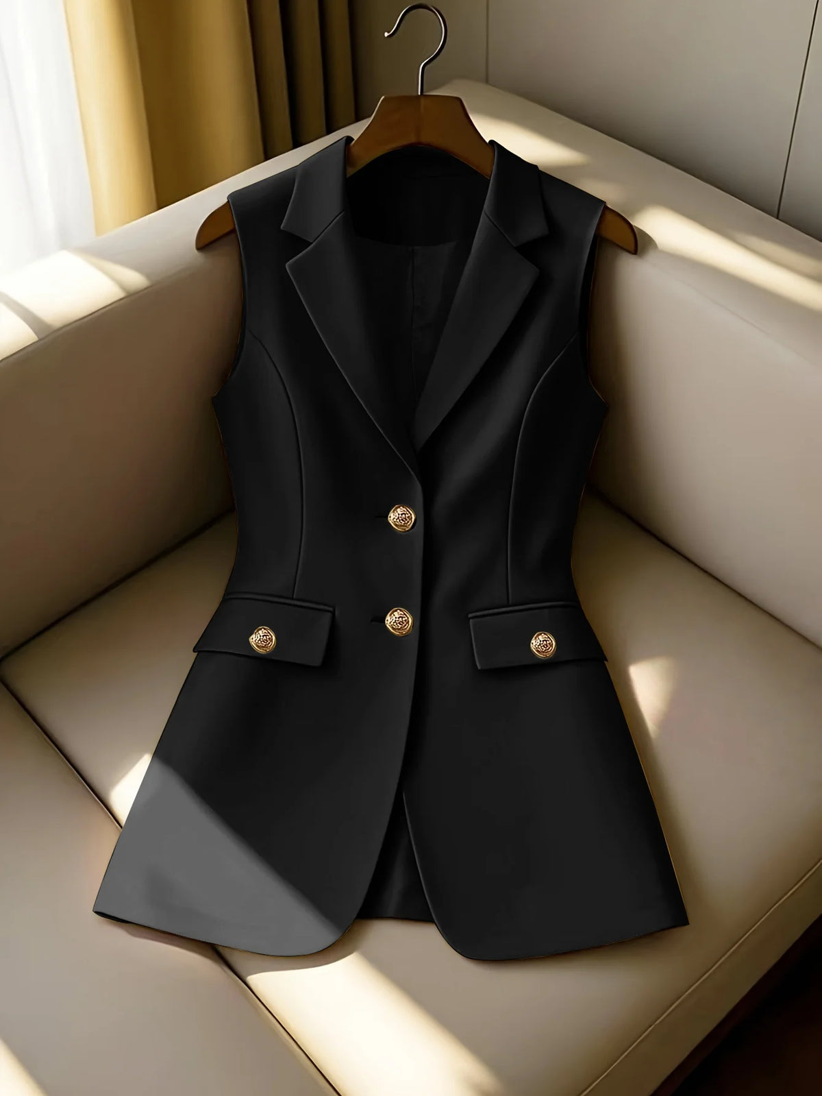 Lange Blazer-Weste für Damen, ärmellos, Reverskragen, Anzugweste mit goldenen Knöpfen für Business, Büro, Oberbekleidung, Oberteil