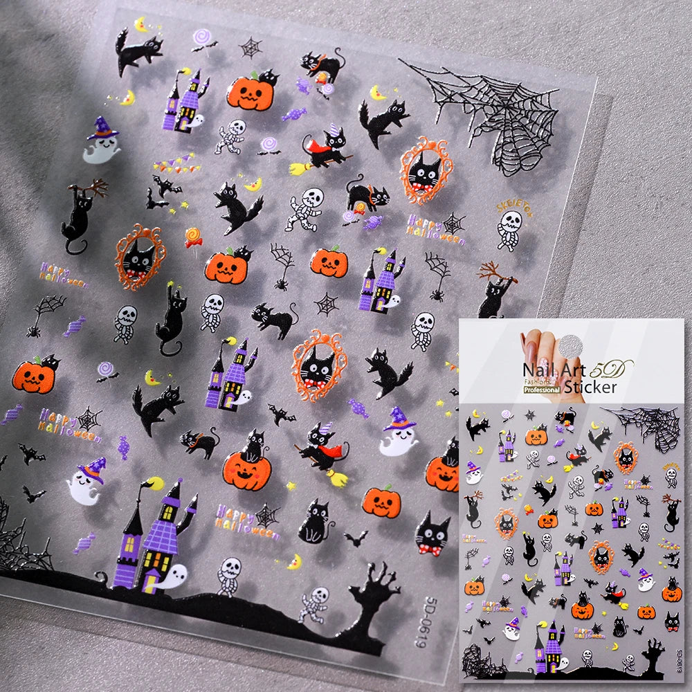5D Halloween Geist Fledermaus Kürbis Nagel Aufkleber Glänzende Spinne Skelett Vintage Kreuz Nagel Aufkleber Halloween Gruselige Nagel Slider Decora