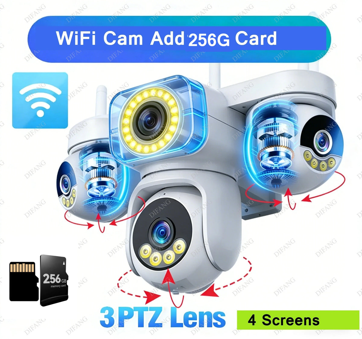 Neue 20MP WLAN-Sicherheitskamera 4 Linsen 4 Bildschirme 6 Motoren 3 PTZ 5X Digitalzoom Kabellose Außen-Überwachungskamera Wasserdicht