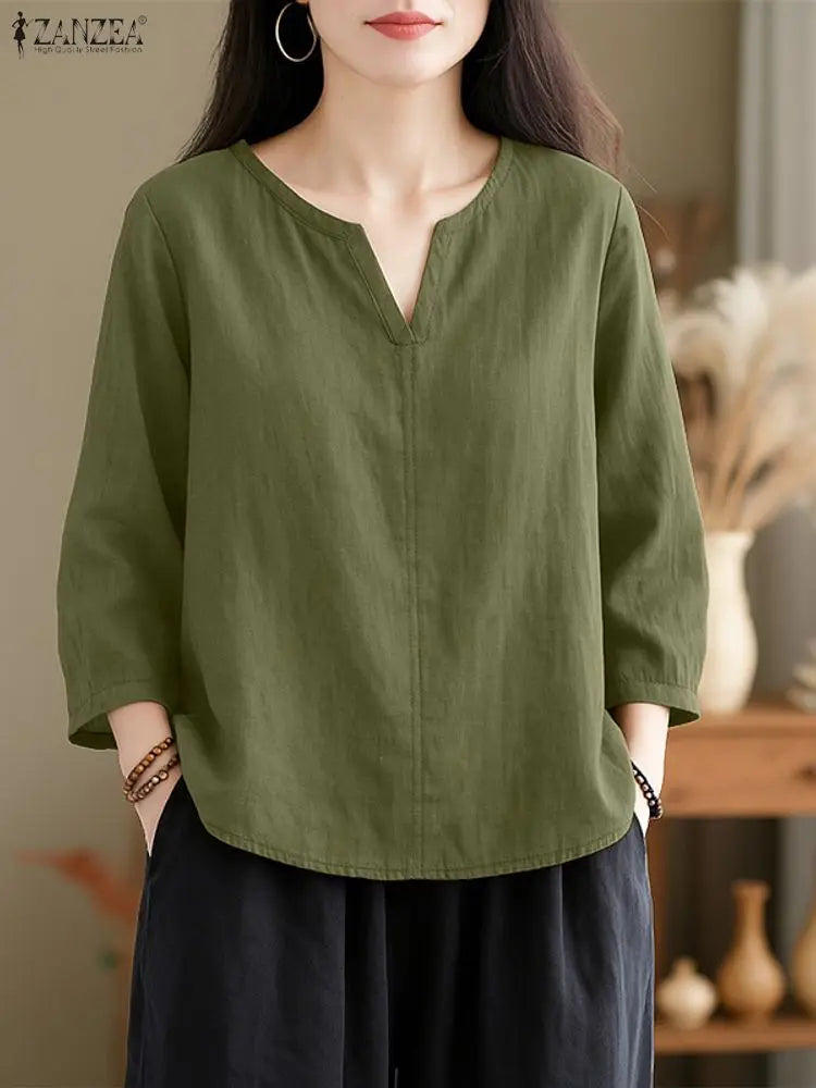 2025ZANZEA Herbst Bluse Frauen V-ausschnitt Langarm Tops Casual Solide Lose Hemd Weibliche OL Arbeit Blusen Retro Tunika Blusas Mujer