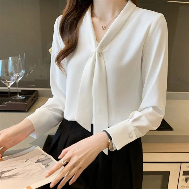 Frauen Frühling Sommer Stil Blusen Shirts Dame Casual Langarm Fliege Kragen Weiße Farbe Blusen Shirts DF4989