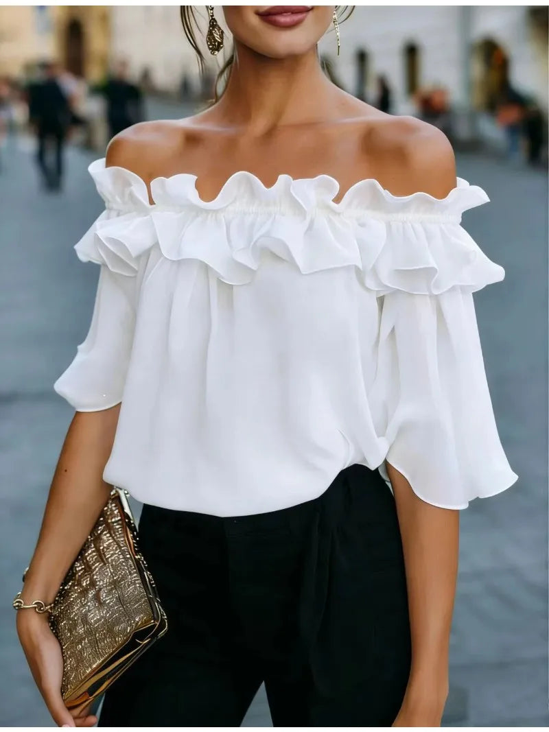 Schulterfreies Rüschenoberteil für Damen, lockere Passform, kurzärmelige Bluse, lässiges Sommerhemd, trendige Mode