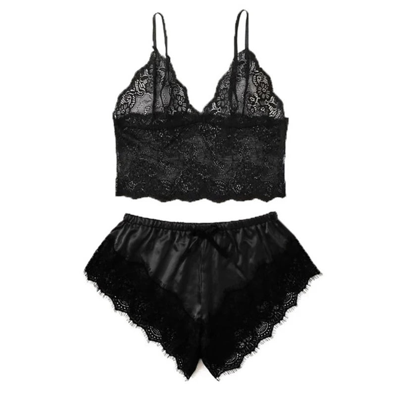 Schwarz Sexy Damen Pyjama Satin 4-teilig Spitze Seide Hosenträger Tops Shorts Robe Pyjama Set Nachthemd Unterwäsche Nachthemd Anzug