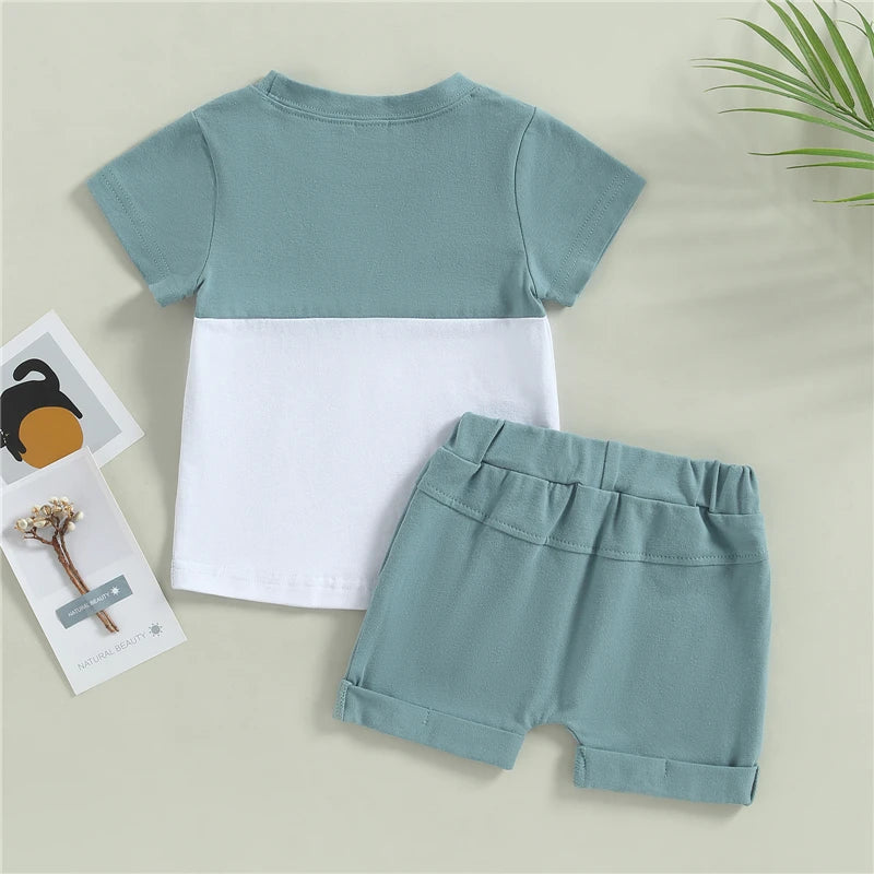 Kleinkind Kleinkind Baby Jungen Sommer Kleidung Sets Kurzarm Kontrast Farbe Tops + Einfarbig Kordelzug Shorts 2 stücke Outfit