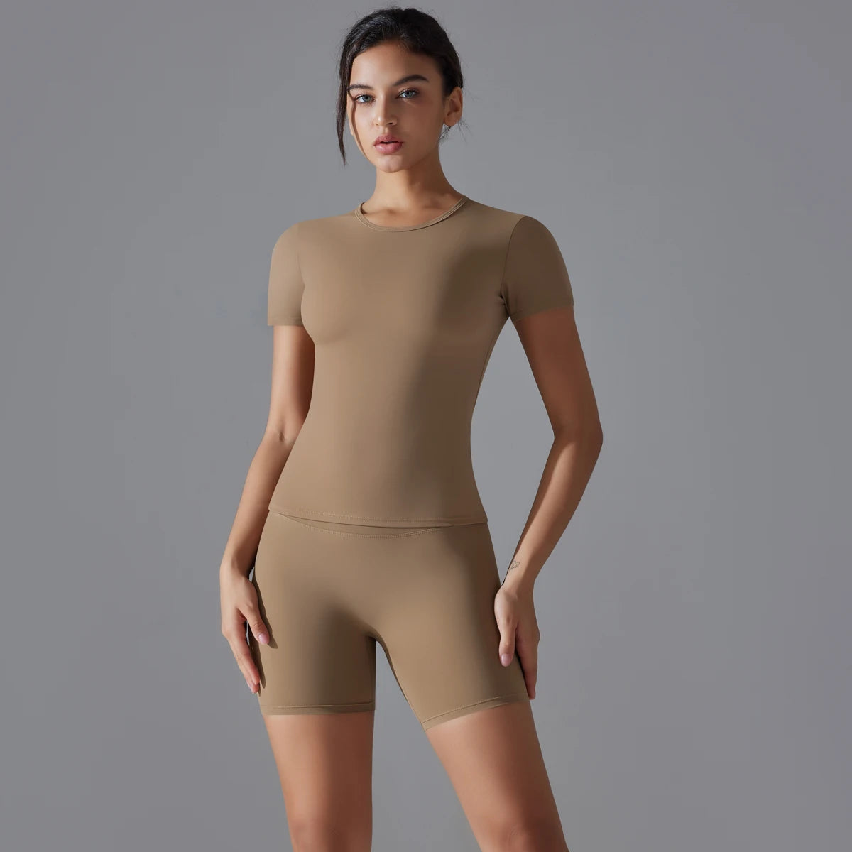 Yoga-Set für Damen, Sport-Kurzarmshirt mit hochtaillierten Leggings, Lauf- und Jogging-Trainingskleidung, Sport-Fitness-Gym-Sets