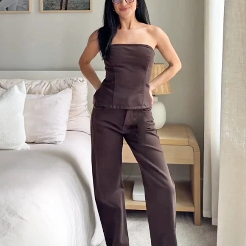 HXAO Braunes Denim-Hosen-Set für Damen, 2025, Frühling, 2-teiliges Set, Outfit, Korsett-Tops, weites Bein, Hosen, modisches, elegantes Hosen-Set