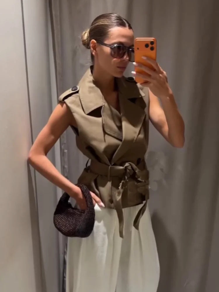 HH Damen 2026 Sommer Mode Vielseitige Khaki Weste mit Taillengürtel für Pendlerinnen Elegantes Doppelreihiges Ärmelloses Oberteil