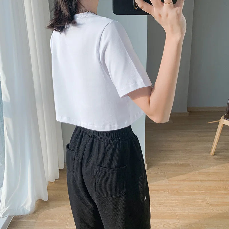Sommer Mode frauen Kleidung Top Y2K lose Kurzarm T-shirt Sexy Einfarbig Straße Frauen Crop Top