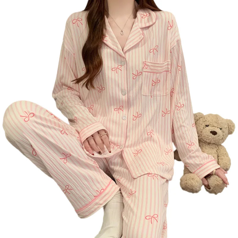 Neue frauen Frühling und Herbst Pyjamas Homewear Set Faltiges Tuch Süße Mädchen Studenten Langarm Casual Pyjamas Homewear set