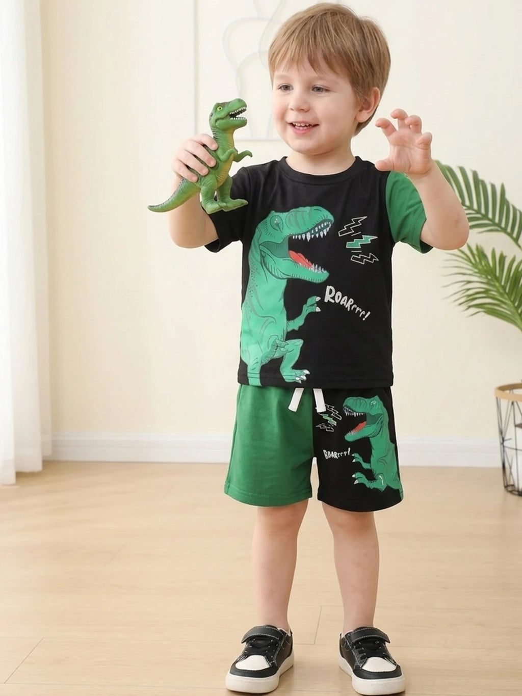 Sommer-Kleidungsset für Jungen, Dinosaurier-ROAR-Druck, Farbblock-T-Shirt, Shorts, 2-teilig, für Kleinkinder, atmungsaktiv, sportlich, lässig