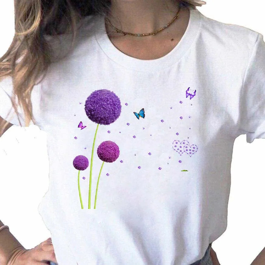 Neue Löwenzahn gedruckt Frauen T-Shirt Cartoon Grafik gedruckt schwarz Damen T-Shirt lässig Frau Shirt lustige T-Shirts