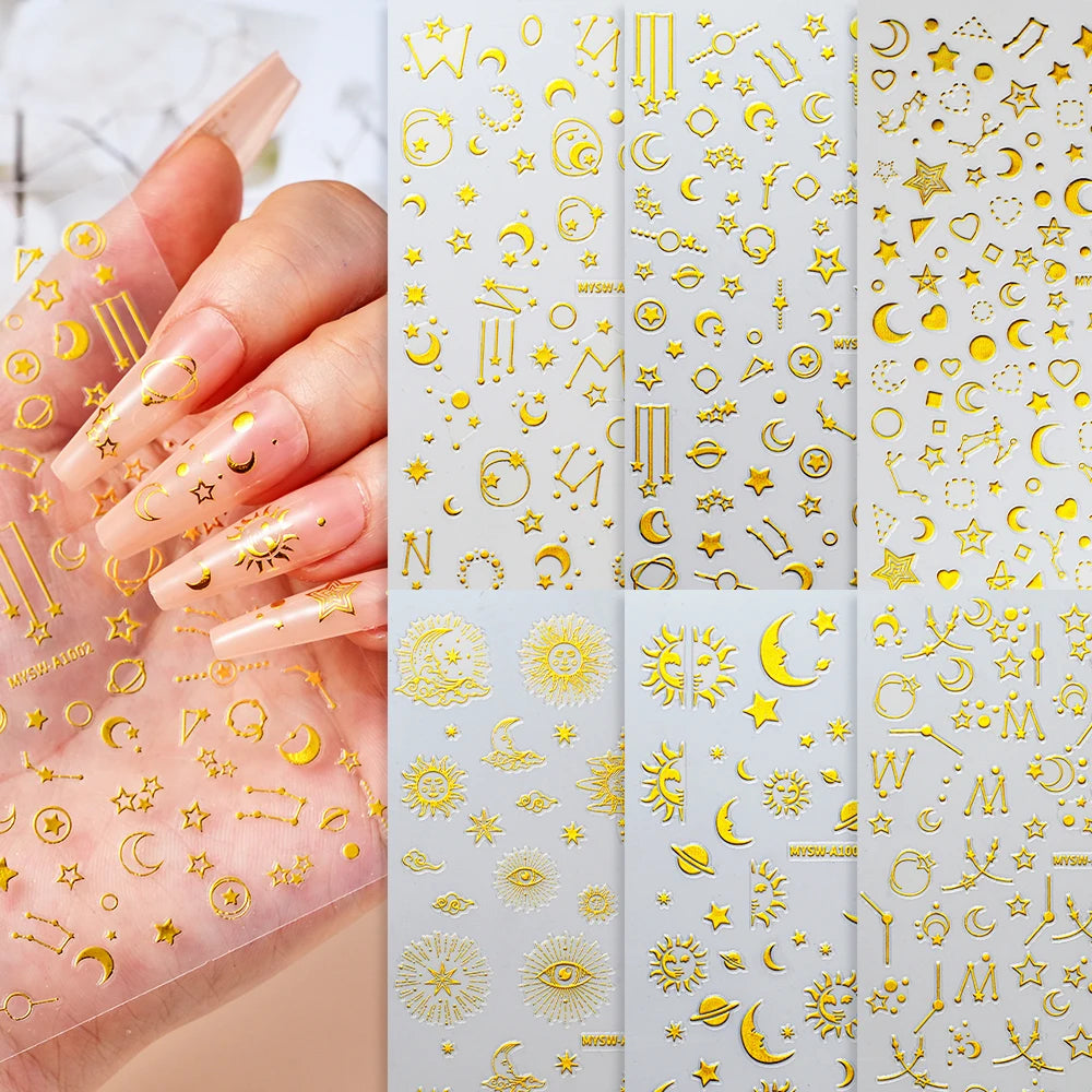 6 Stück 3D Blaue Herz-Nagelaufkleber Bronzierte Gold Silber Stern Mond Sonne Selbstklebende Slider Y2K Nagelkunst Abziehbilder Maniküre Dekoration