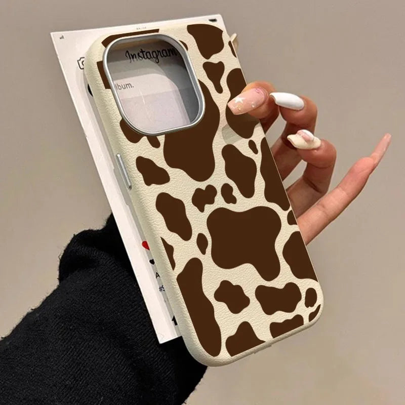 Für iPhone 17 Hülle, brauner Kuh-Druck, Litschi-Muster, Handyhülle für iPhone 16 Pro Max 15 14 13 12 11 XS X XR 7 8 Plus 16E Air Cover
