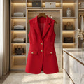 Lange Blazer-Weste für Damen, ärmellos, Reverskragen, Anzugweste mit goldenen Knöpfen für Business, Büro, Oberbekleidung, Oberteil