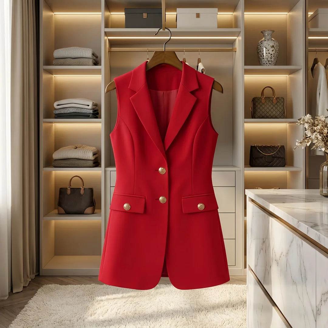 Lange Blazer-Weste für Damen, ärmellos, Reverskragen, Anzugweste mit goldenen Knöpfen für Business, Büro, Oberbekleidung, Oberteil
