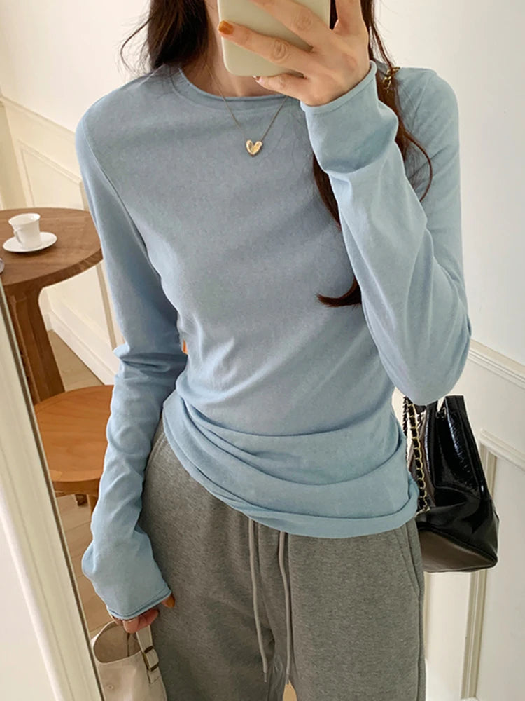 Frühling Herbst T shirt Frauen Tops Solide Langarm Geraffte O Neck T-shirts Weiblichen Koreanischen Casual Streetwear Hohe Qualität Basis Tees
