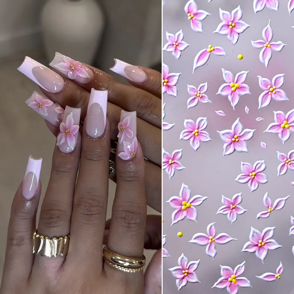 5D Relief Ombre Rosa Fünfblättrige Nagelkunst-Aufkleber Niedliche Weiche Lilien-Blumen Nagelsticker 8*10cm Selbstklebende Rosa Blumen-Nagelsliders
