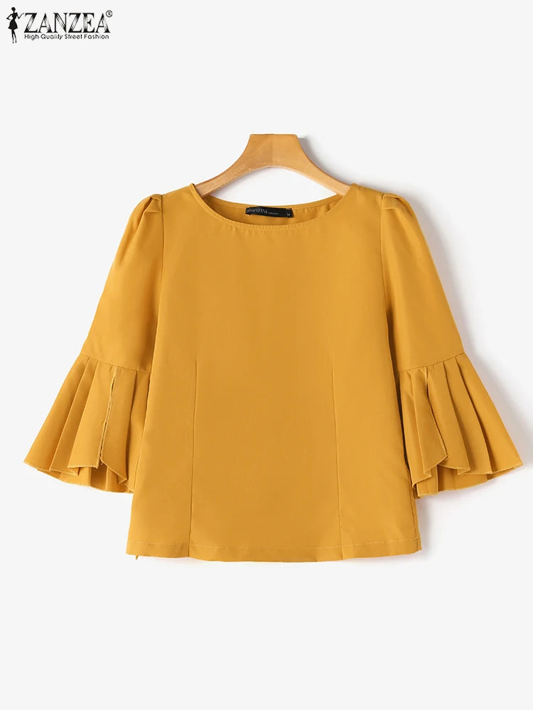 ZANZEA Frauen Elegante Party Bluse Sommer Puff 3/4 Hülse Tops Hemd 2024 Fashion Solid Boot-ausschnitt Tunika Koreanische Büro Dame blusas