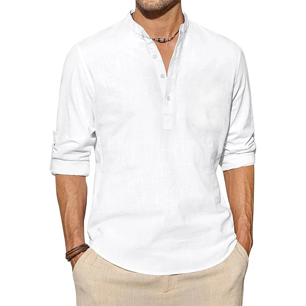 Neue Baumwoll-Leinen-Hemden für Herren, Freizeithemden, leichtes, langärmliges Henley-T-Shirt, einfarbige Langarm-Tops, aufrollbar