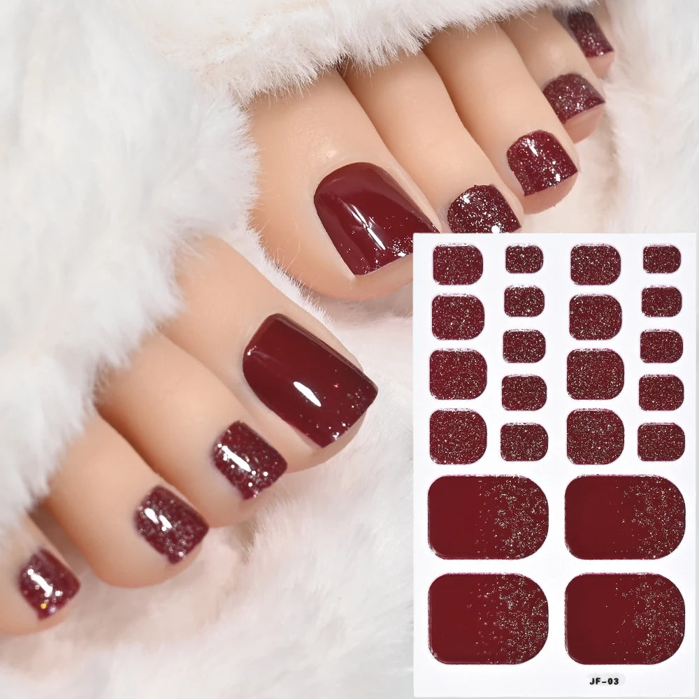 22 Tipps goldene Glitzer-Nagelaufkleber für Füße, 5 Farben, 11 Größen, vollständige Abdeckung, Fußkunst-Aufkleber, einfach zu erreichen, Zehen-Maniküre-Dekoration