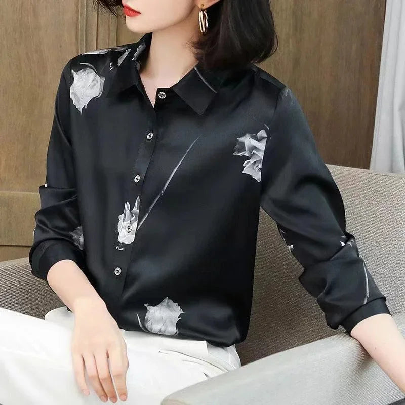 Frau Frühling Herbst Stil Blusen Hemden Dame lässig Langarm Turn-Down Kragen Blume gedruckt Blusas Tops