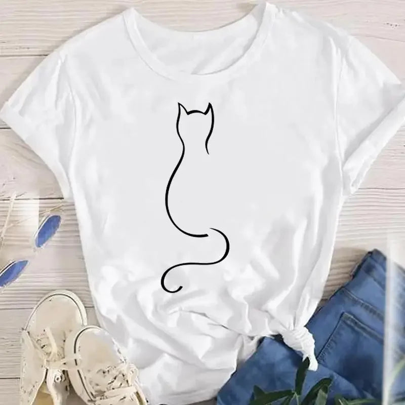 Frauen Dame Übergroßen T-shirt Tees Weibliche Koreanische Mode Sommer Kurzarm Cartoon Print Grafik Kleidung Tops Nette Katze Tier