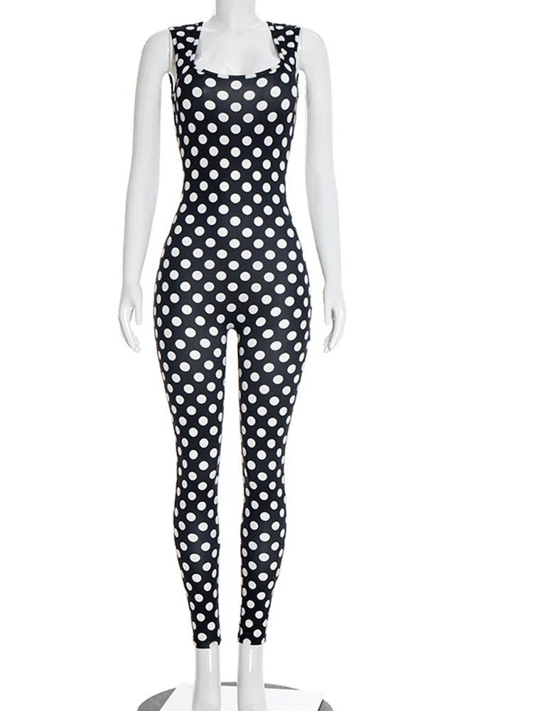 Bonnie Forest  Sexy Polka Dot Print Rückenfreier Jumpsuit Damen Sommer Ärmelloser Bodycon Romper Geraffter Einteiler Clubwear Outfits