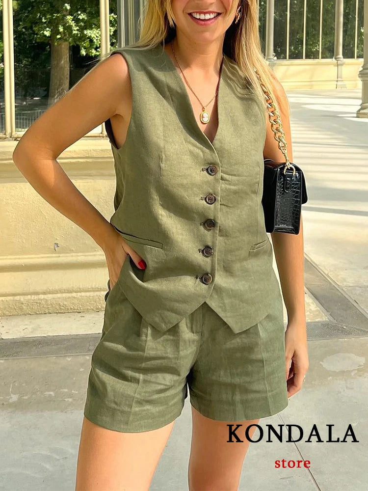 KONDALA Büro Dame Sommer 2023 Anzüge Frauen V-ausschnitt Single Button Ärmellose Blazer + Hohe Taille Breite Bein Shorts stilvolle Frauen Sets