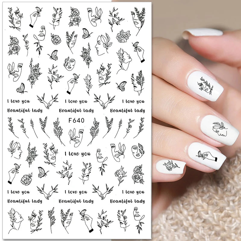 1PCS Schwarz Weiß Schmetterling Laser Nagel Aufkleber Y2K Nail art Dekoration Abstrakte Linien Bronzing Blumen Aufkleber Für Nägel